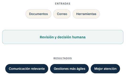 Diagrama de flujo con entradas, revisión humana y resultados